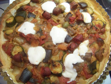 tarte salée aux légumes merguez et mozzarella