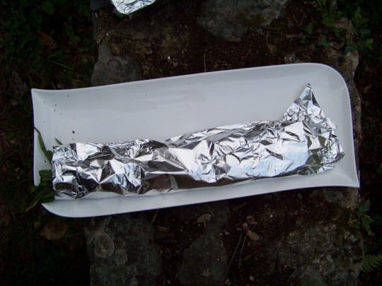 On laisse ensuite reposer les calçots entre deux tuiles, ou dans l'alu (c'est ce que je fais n'ayant pas de tuiles sous la main !)