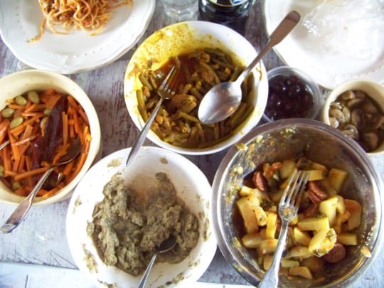 haricots verts, carottes, pommes de terre au chorizo, abergines au sésame